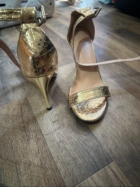 Gold Metallic Croc-Embossed Ankle-Strap Stiletto Heels
